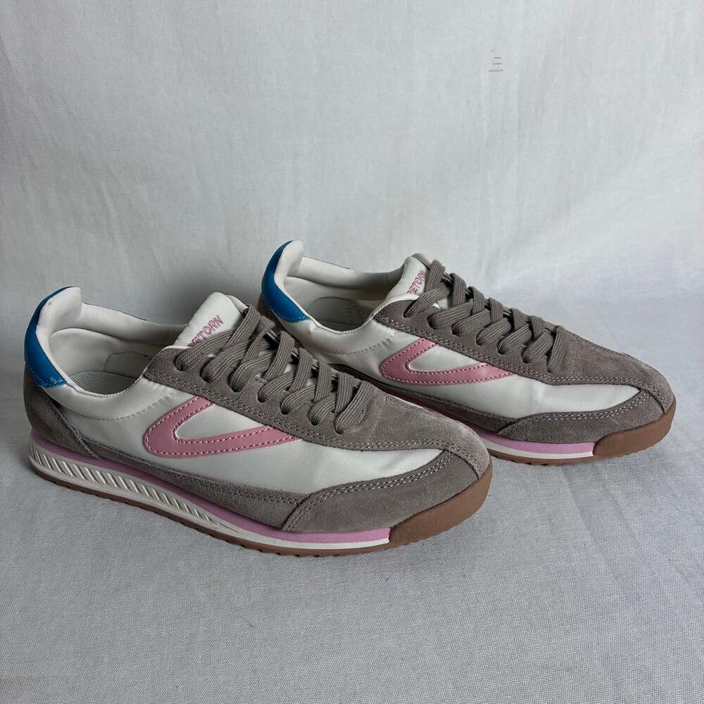 Tretorn Rawlings 2.0 Grey Suede Pink Blue Retro Runner Sneakers Women Size 7.5 M